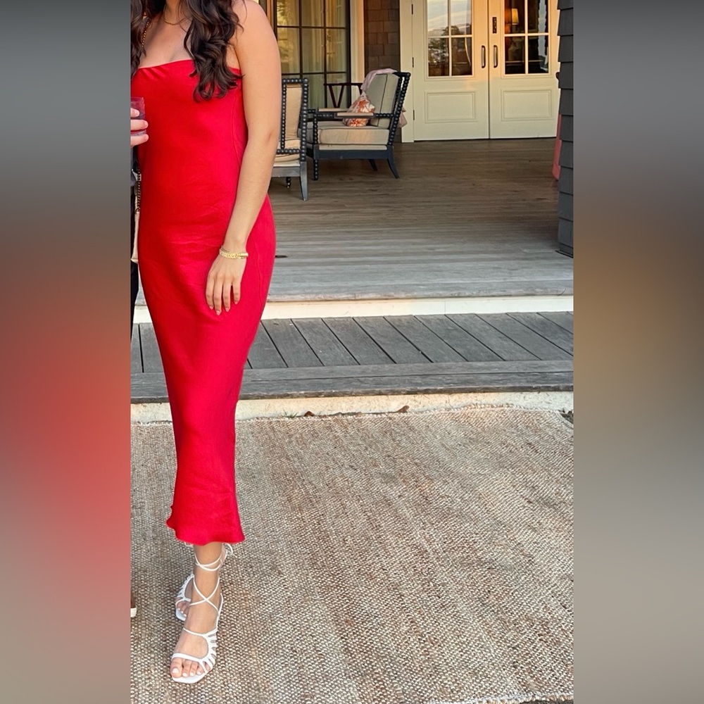 L’Academie Red Strapless Midi Dress